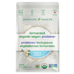 Package of Genuine Health fermented organic vegan proteins vanilla flavor |10 Servings| EN