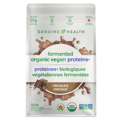 Package of Genuine Health fermented organic vegan proteins chocolate flavour |10 servings| 10 portions