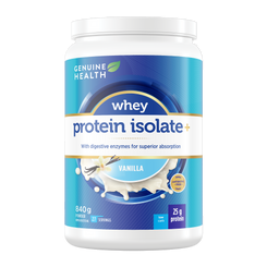 Genuine Health whey protein isolate container with blue and white label vanilla flavour |27 servings| EN