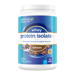 Genuine Health whey protein isolate container with blue and white label chocolate flavour |27 servings| EN