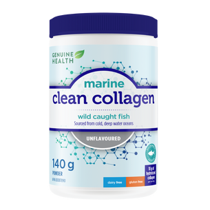 A container of Genuine Health marine clean collagen powder, unflavored, with the brand and product information displayed on the label |14 Servings| EN
