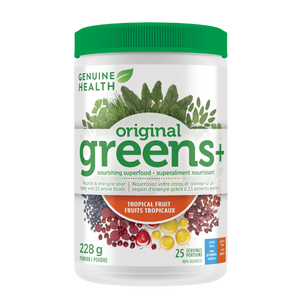 A container of Genuine Health original greens+ powder in tropical fruit flavor, which is a supplement designed to provide foundational nutrition for the whole body in one easy scoop.| 25 servings
