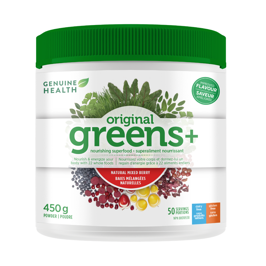 A container of Genuine Health original greens+ powder in natural mixed berry flavor, which is a supplement designed to provide foundational nutrition for the whole body in one easy scoop.| 50 servings