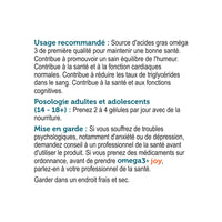 Text in French about Genuine Health omega3+ joy supplement usage, dosages, and warnings on a white background