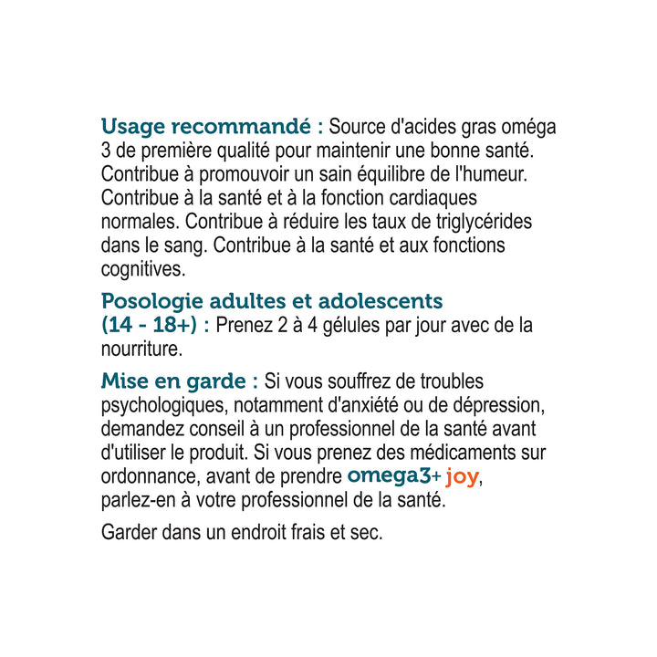 Text in French about Genuine Health omega3+ joy supplement usage, dosages, and warnings on a white background
