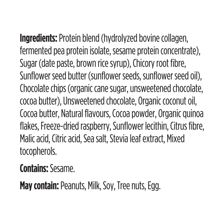 label Genuine Health clean collagen protein bar chocolate raspberry ingredients