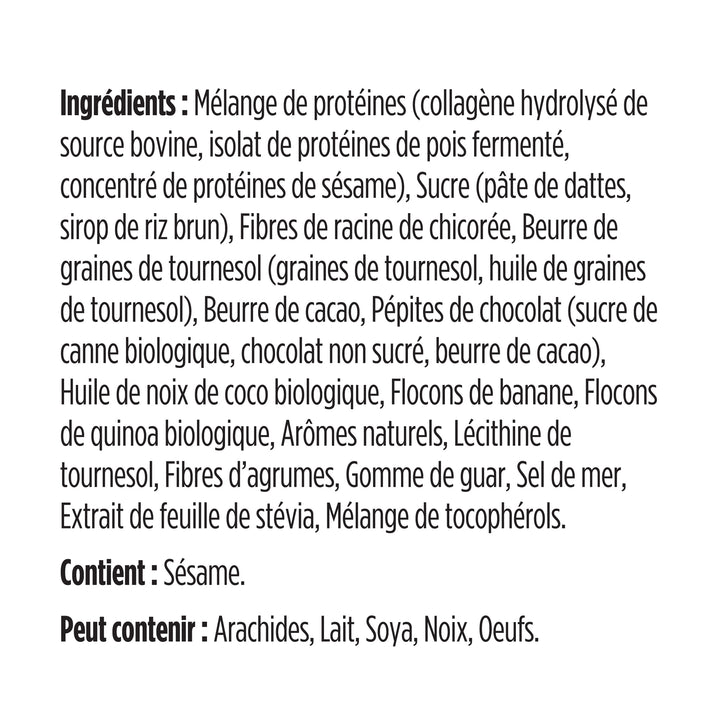 label Genuine Health clean collagen protein bar chocolate chip banana bread French ingredients