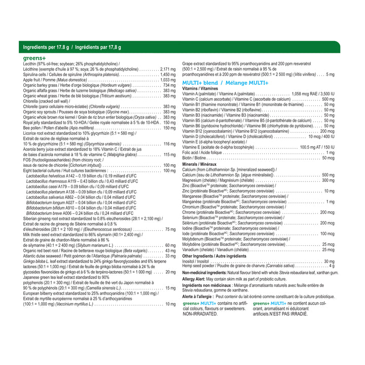 label Genuine Health greens+ multivitamin nutritional table
