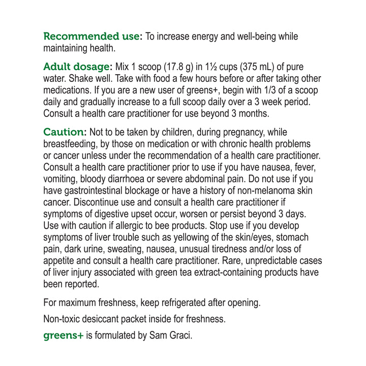 label Genuine Health greens+ multivitamin recommended use and cautions