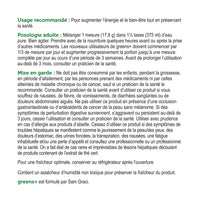 label Genuine Health greens+ multivitamin recommended use and cautions in French