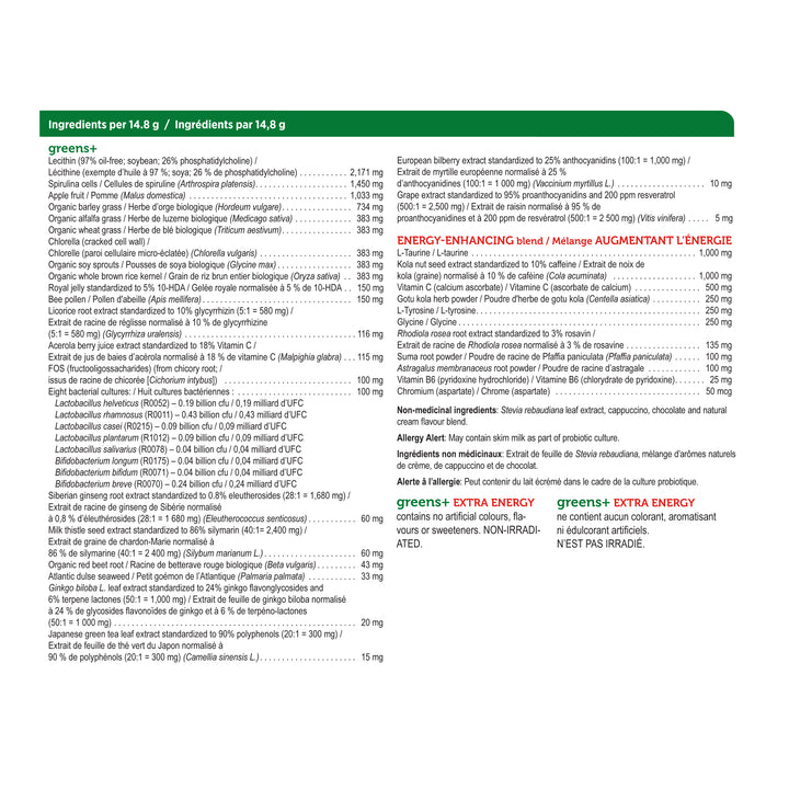 label Genuine Health greens+ extra energy natural cappuccino nutritional table