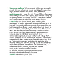 label Genuine Health greens+ extra energy natural cappuccino recommended use and cautions
