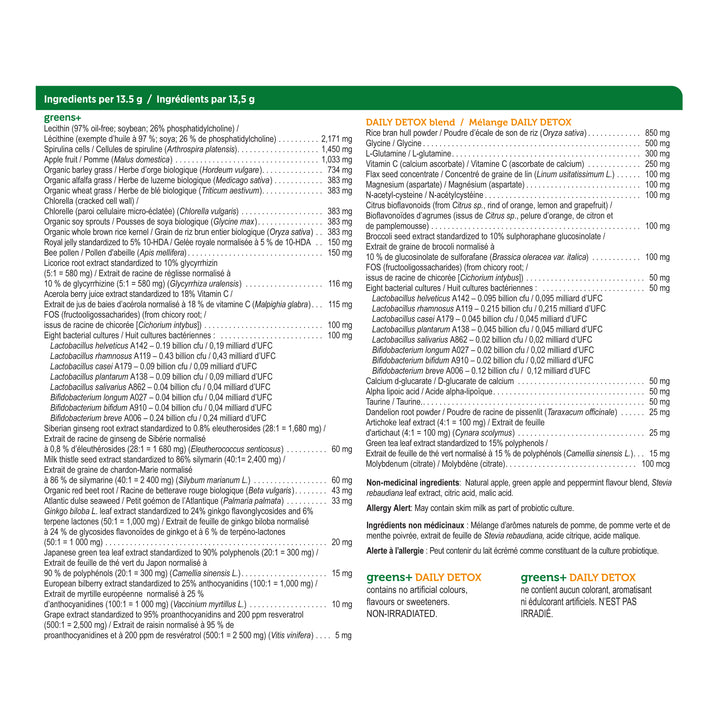 label Genuine Health greens+ daily detox green apple nutritional table