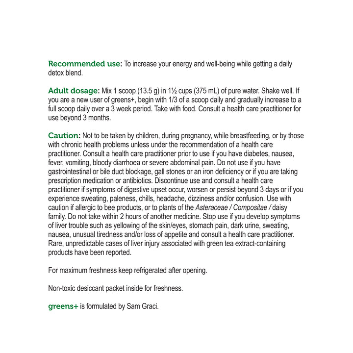 label Genuine Health greens+ daily detox green apple recommended use and cautions
