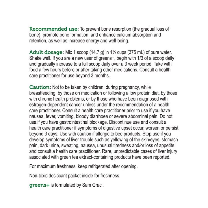 label Genuine Health greens+ bone builder blackberry recommended use and cautions