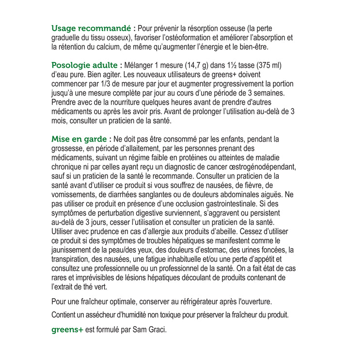 label Genuine Health greens+ bone builder blackberry recommended use and cautions in French