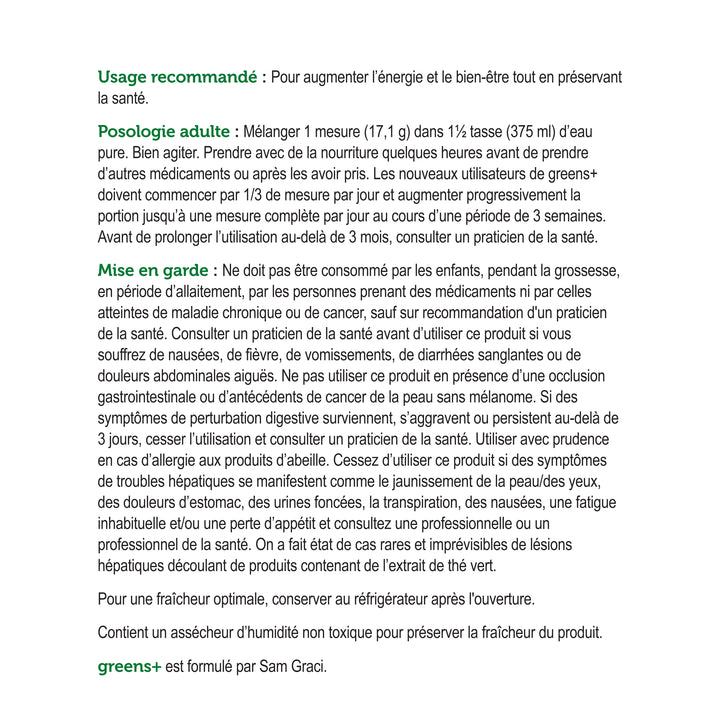 label Genuine Health greens+ multivitamin natural vanilla recommended use and cautions in French