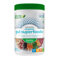 Front label image of Genuine Health fermented organic gut superfoods unflavoured and unsweetened 229g tub
