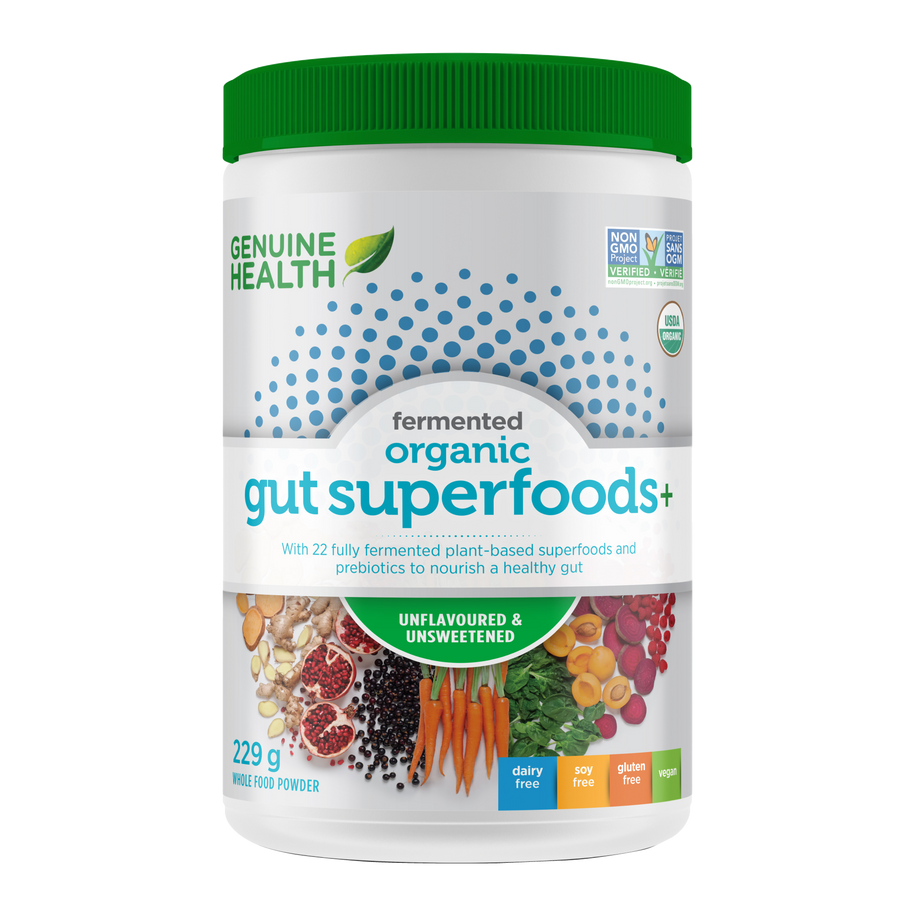 Front label image of Genuine Health fermented organic gut superfoods unflavoured and unsweetened 229g tub