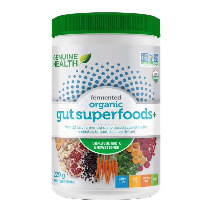 Front label image of Genuine Health fermented organic gut superfoods unflavoured and unsweetened 229g tub