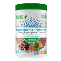 Front label image of Genuine Health fermented organic gut superfoods unflavoured and unsweetened 229g tub French