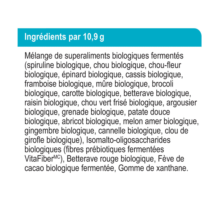 label Genuine Health fermented organic gut superfoods unflavoured and unsweetened French directions