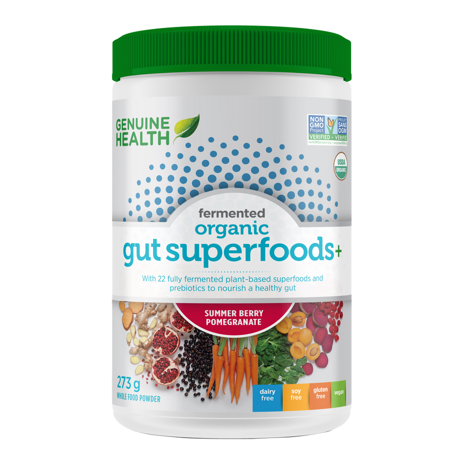 Front label image of Genuine Health fermented organic gut superfoods summer berry pomegranate 273g tub
