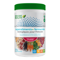 Front label image of Genuine Health fermented organic gut superfoods summer berry pomegranate 273g tub French