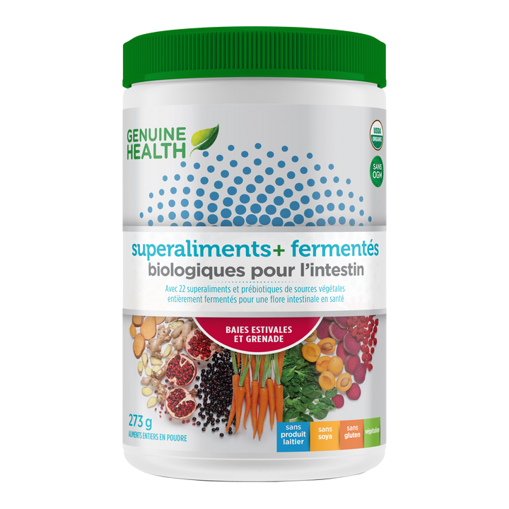 Front label image of Genuine Health fermented organic gut superfoods summer berry pomegranate 273g tub French