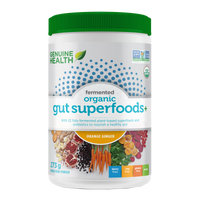 Front label image of Genuine Health fermented organic gut superfoods orange ginger 273g tub