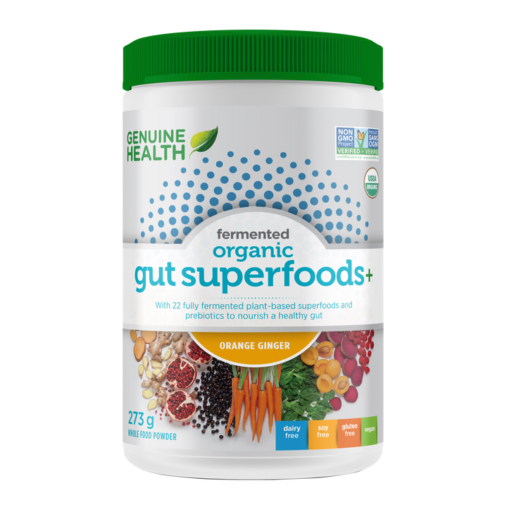 Front label image of Genuine Health fermented organic gut superfoods orange ginger 273g tub