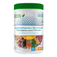 Front label image of Genuine Health fermented organic gut superfoods orange ginger 273g tub French