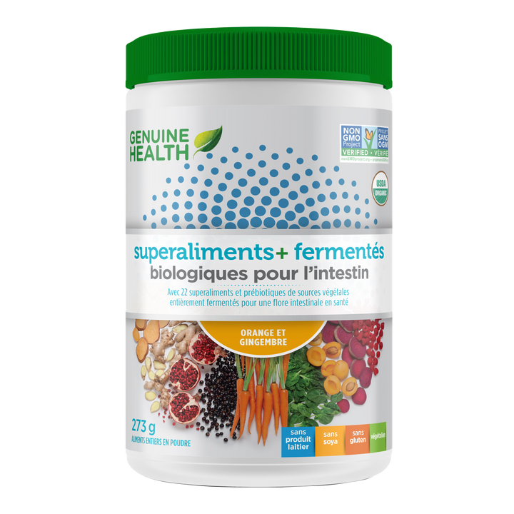 Front label image of Genuine Health fermented organic gut superfoods orange ginger 273g tub French