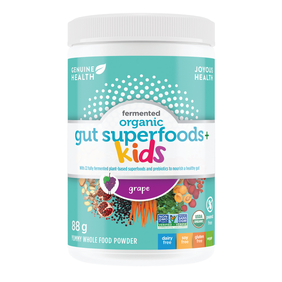 Front label image of Genuine Health fermented organic gut superfoods kids grape 88g tub