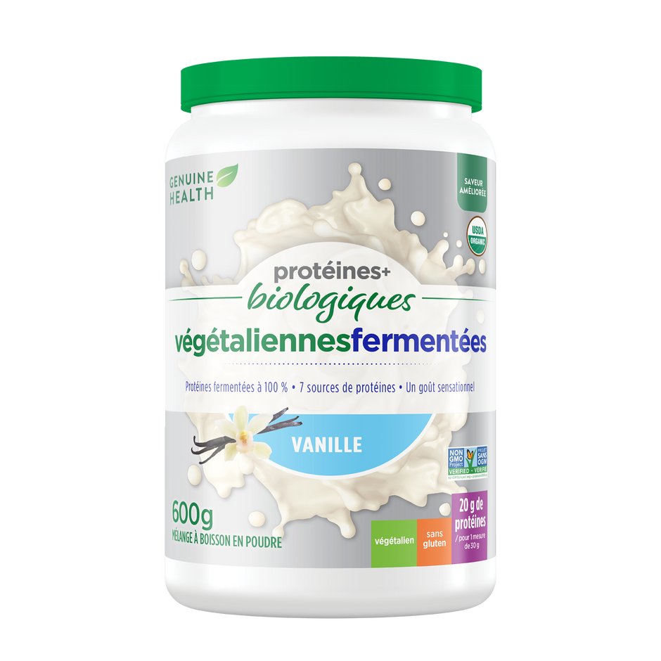 Container of Genuine Health fermented organic vegan proteins vanilla flavour |20 portions | FR