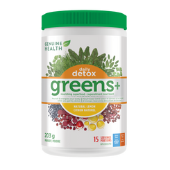 A container of Genuine Health greens+ daily detox powder in natural lemon flavor, which is a supplement that supports liver detoxification gentle enough for everyday use in one easy scoop |203 g |15 servings |15 portions