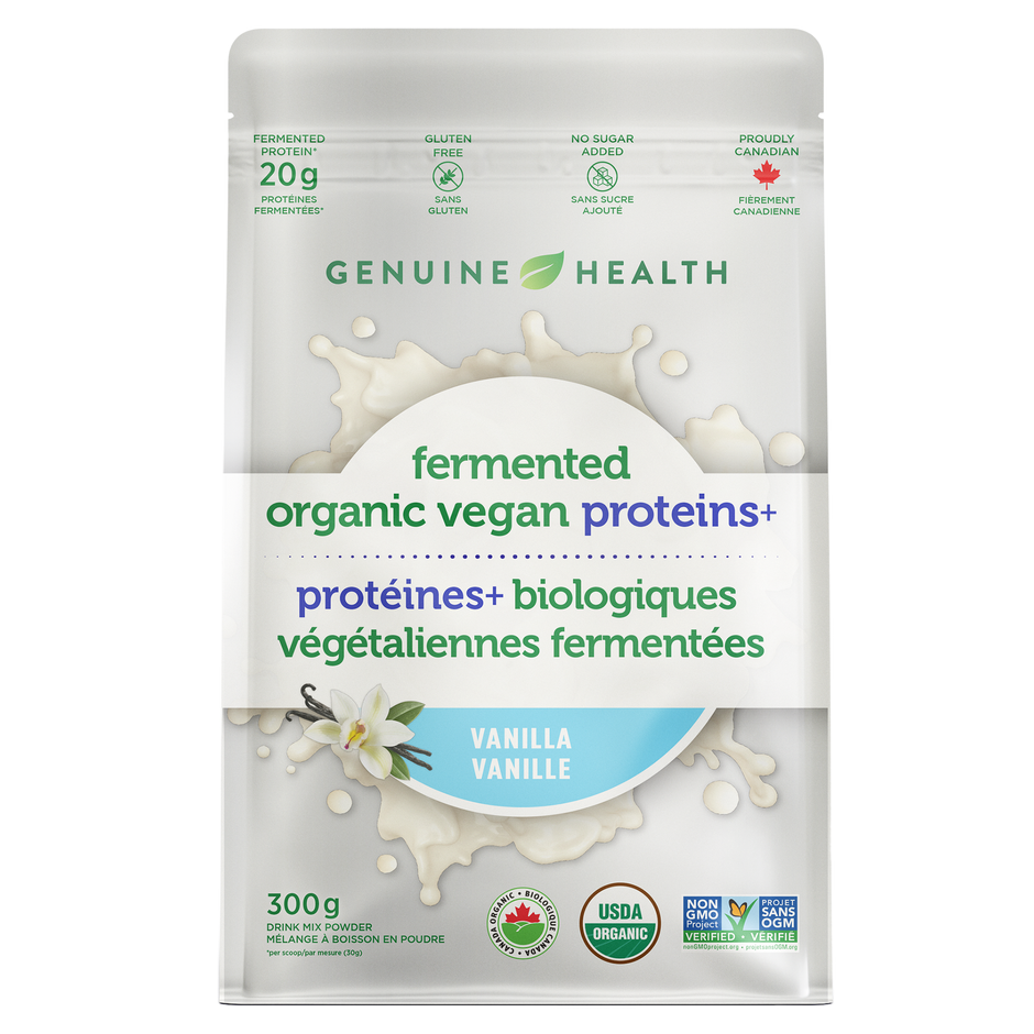 Package of Genuine Health fermented organic vegan proteins vanilla flavor |10 servings |10 portions