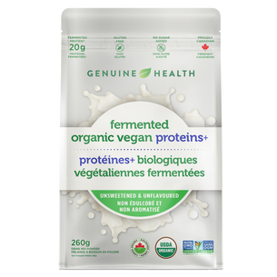 Package of Genuine Health fermented organic vegan proteins unsweetened & unflavored |10 servings| 10 portions