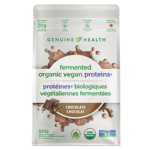 Package of Genuine Health fermented organic vegan proteins chocolate flavour |10 servings| 10 portions