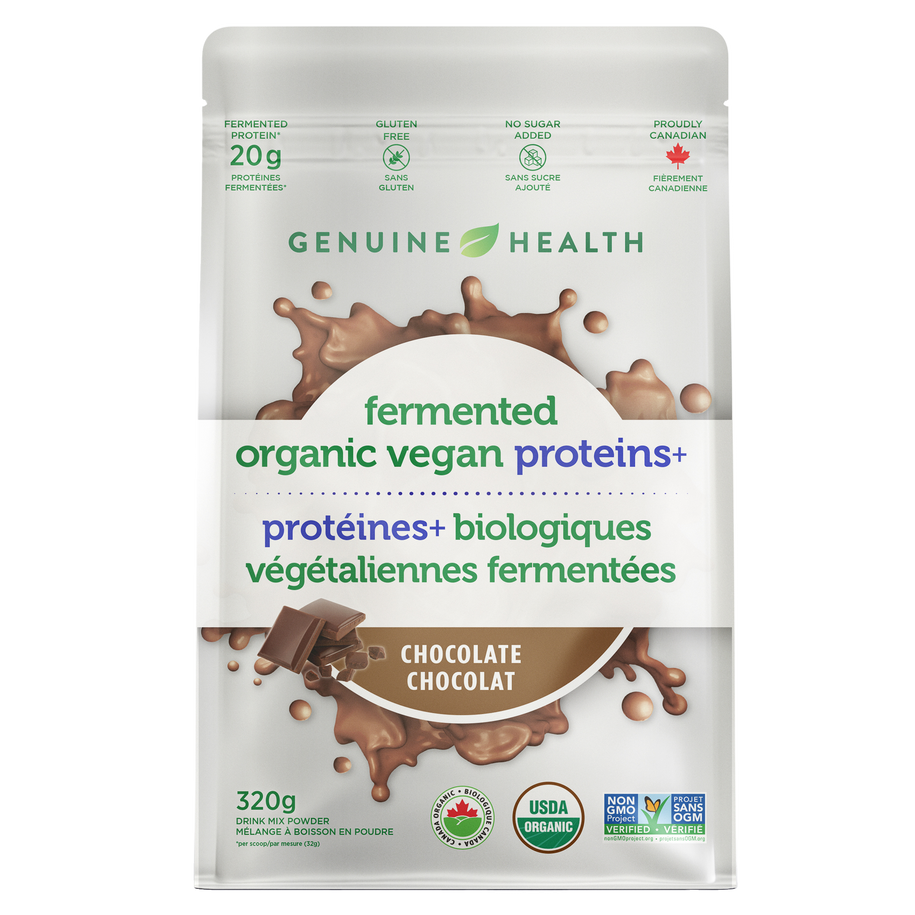 Package of Genuine Health fermented organic vegan proteins chocolate flavour |10 servings| 10 portions