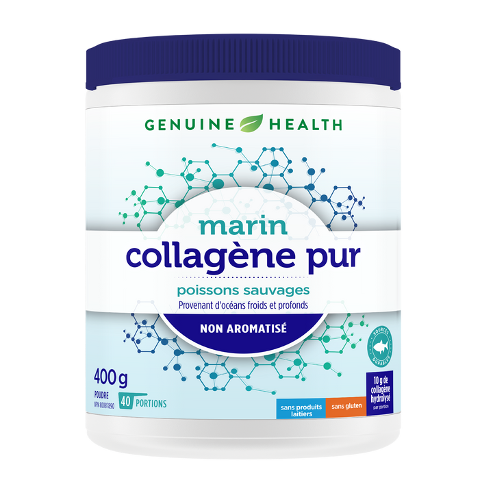 A container of Genuine Health marine clean collagen powder, unflavored, with the brand and product information displayed on the label |40 portions | FR
