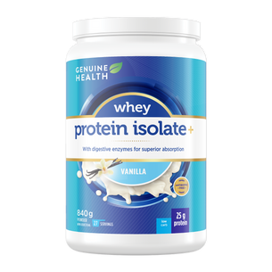 Genuine Health whey protein isolate container with blue and white label vanilla flavour |27 servings| EN