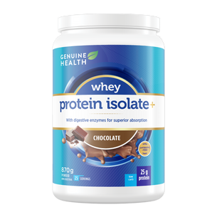 Genuine Health whey protein isolate container with blue and white label chocolate flavour |27 servings| EN