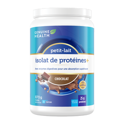 Genuine Health whey protein isolate container with blue and white label chocolate flavour |25 portions| FR
