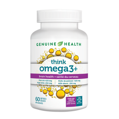 A bottle of Genuine Health omega3+ think supplement with 60 softgels, to support brain health
