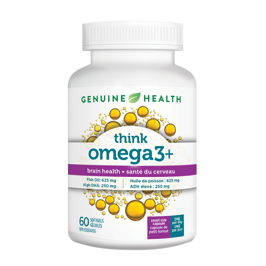 A bottle of Genuine Health omega3+ think supplement with 60 softgels, to support brain health