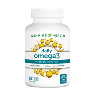 A bottle of Genuine Health daily omega3 supplement with 120 softgels, to support overall good health