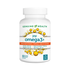 Genuine Health omega3+ joy supplement bottle on a white background|60 softgels |60 gelules