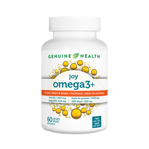 Genuine Health omega3+ joy supplement bottle on a white background|60 softgels |60 gelules
