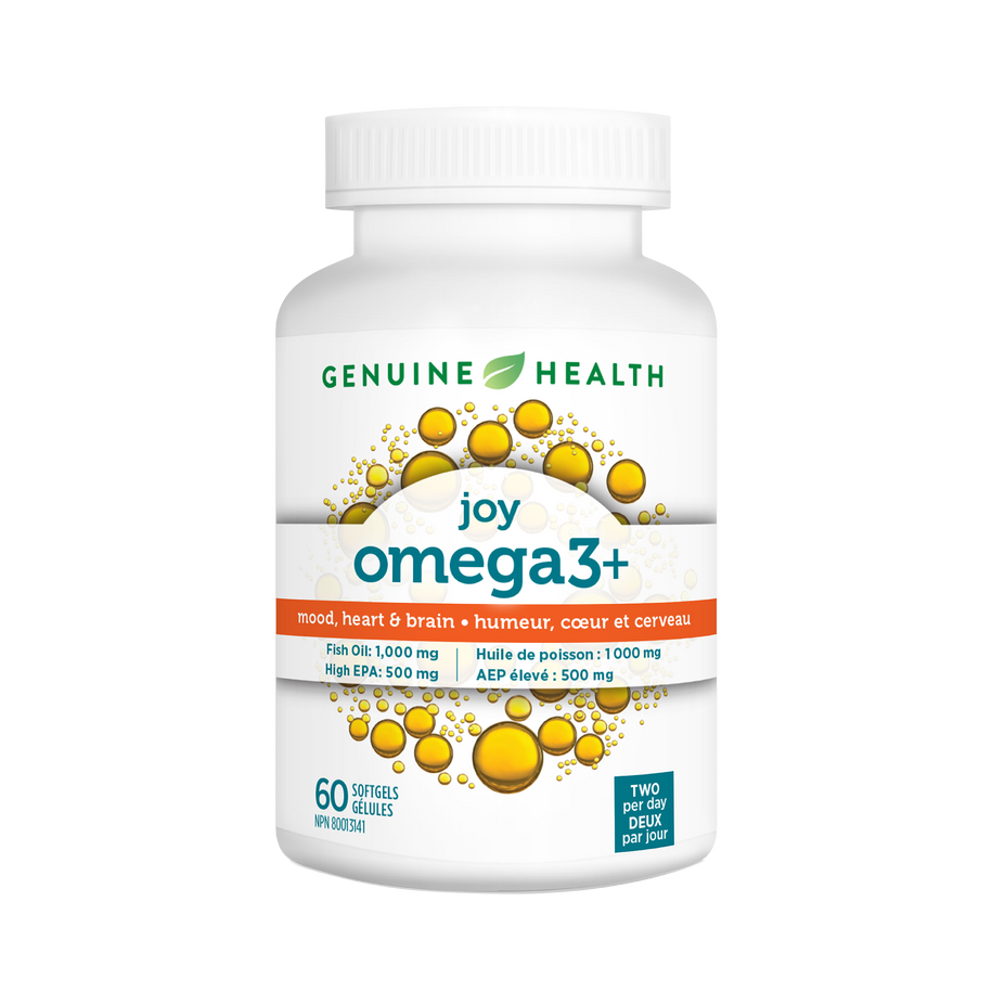Genuine Health omega3+ joy supplement bottle on a white background|60 softgels |60 gelules